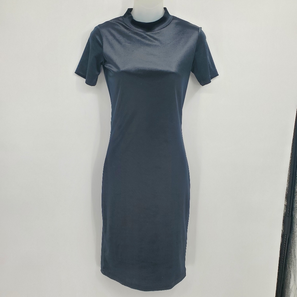 ♡ Zara Black Velvet Bodycon Mock Neck Short Sleeve Midi Dress Size Small